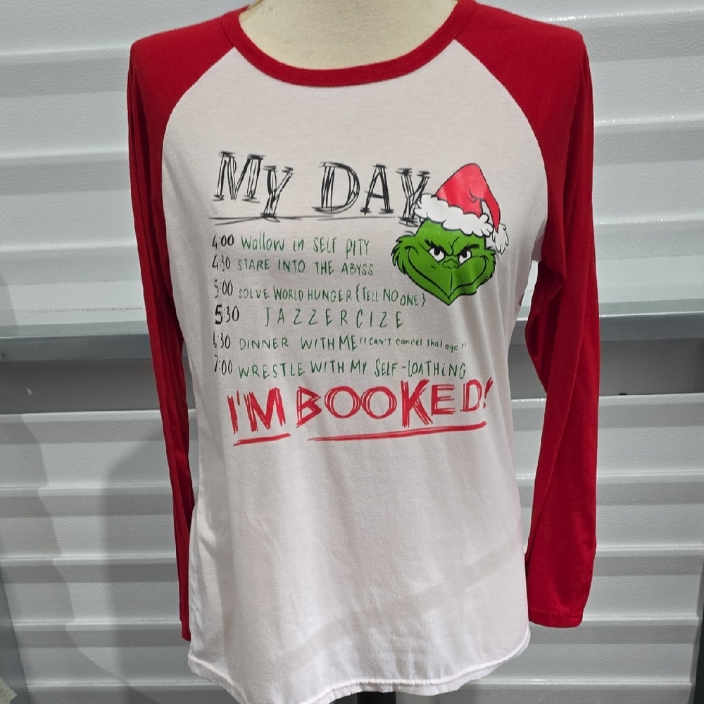 Red and White Womens Long Sleeve Grinch Shirt